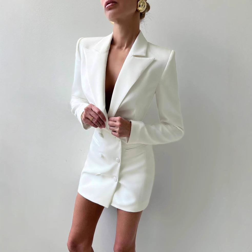 Damen Blazer-Kleid mit Doppelkknopf-Design und tiefem V-Ausschnitt Drune