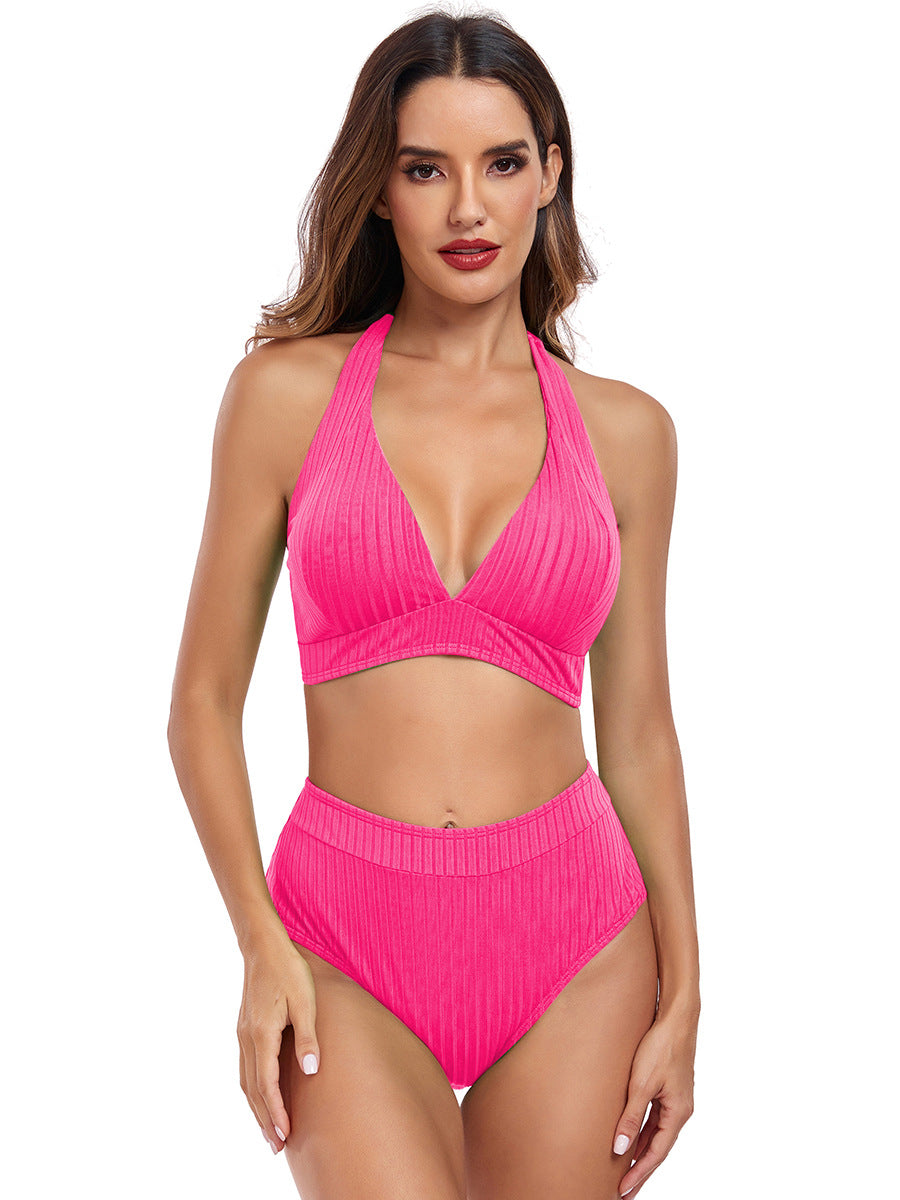 Damen Hochtaillierter Bikini mit V-Ausschnitt und Rippstruktur Drune