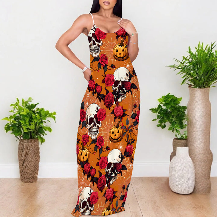 Damen Maxikleid mit künstlerischem Halloween-Motiv und umwerfendem Rosenprint Drune