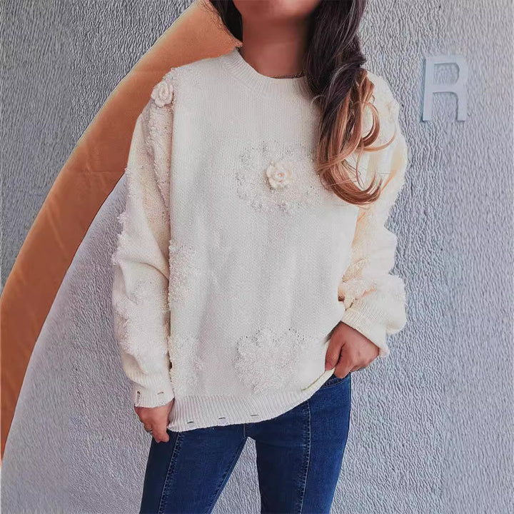 Damen Strickpullover mit romantischen Blumenapplikationen und weichem Material Drune