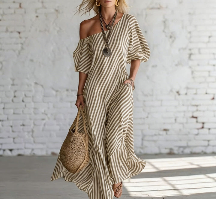 Damen Maxikleid mit asymmetrischem Schnitt und auffälligen Streifen Drune