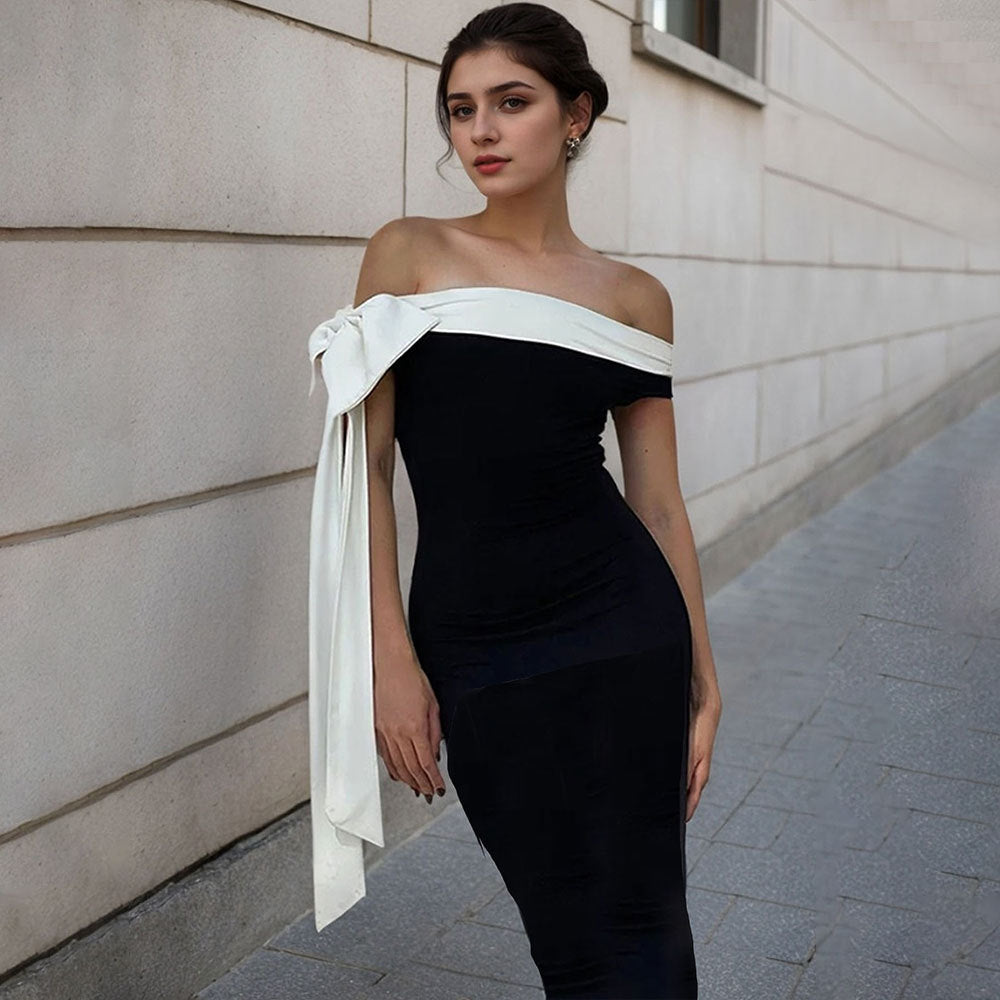 Damen Maxikleid mit schickem Off-Shoulder Design und elegantem Schleifenakzent Drune