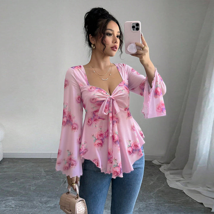 Damen fließendes Blusenshirt mit floralem Design und verspieltem Knoten Drune