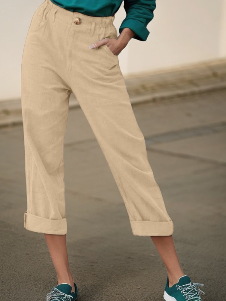 Damen Elegante Leinenhose mit breitem Bein und umschlagenem Saum Drune