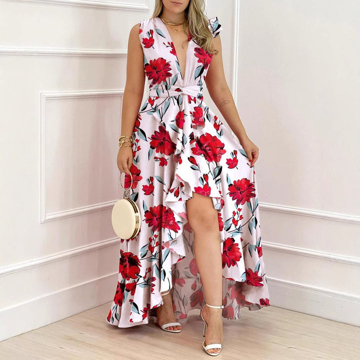 Damen Maxikleid mit auffälligem Palmenmuster und elegantem V-Ausschnitt Drune