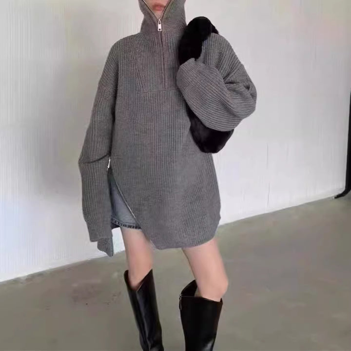 Damen lässiger Strickpullover mit einem hohen Kragen und seitlichem Reißverschluss Drune