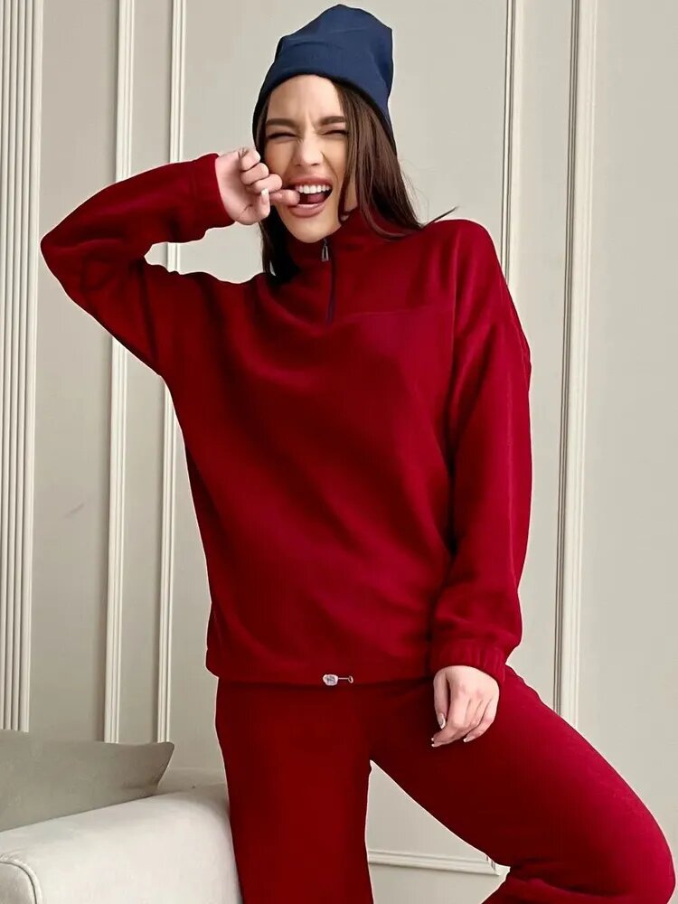 Damen Kuscheliges Fleece-Loungewear-Set mit Halb-Reißverschluss und elastischem Bund Drune