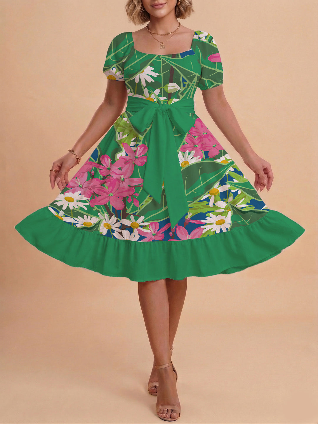 Damen modernes Blumenkleid mit elegantem Taillengürtel und asymmetrischem Saum Drune