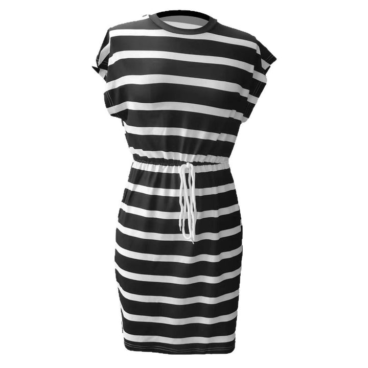 Damen Freizeitleinenkleid mit bunten Streifen und verstellbarem Taillenzug Drune
