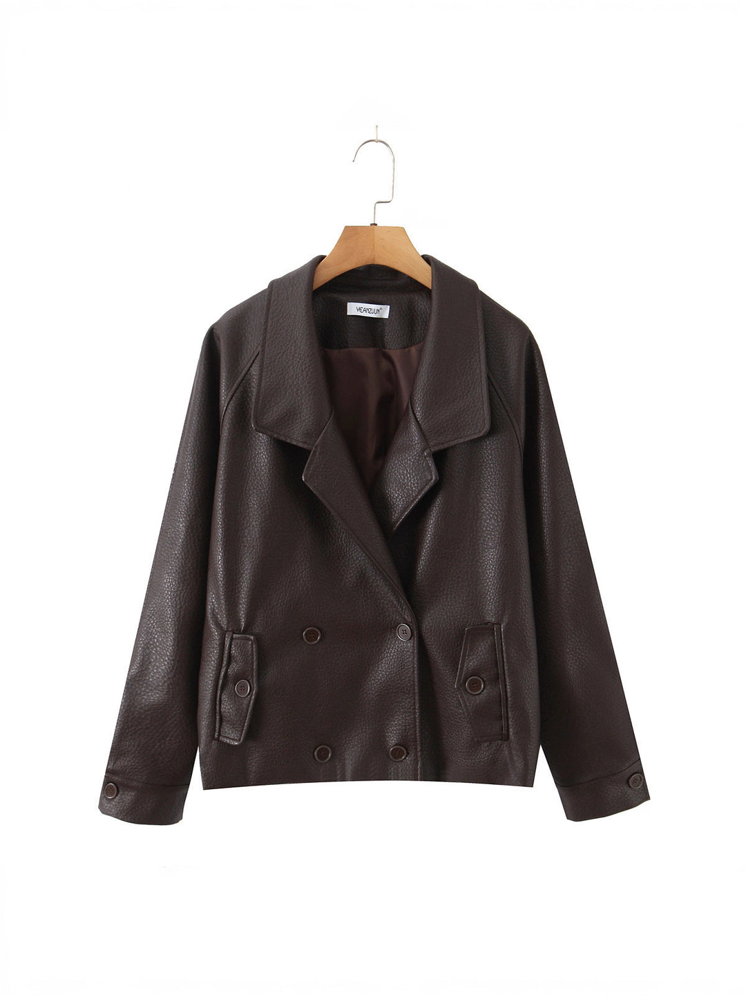 Damen modische Kunstlederjacke mit doppelter Knopfleiste und großem Revers Drune
