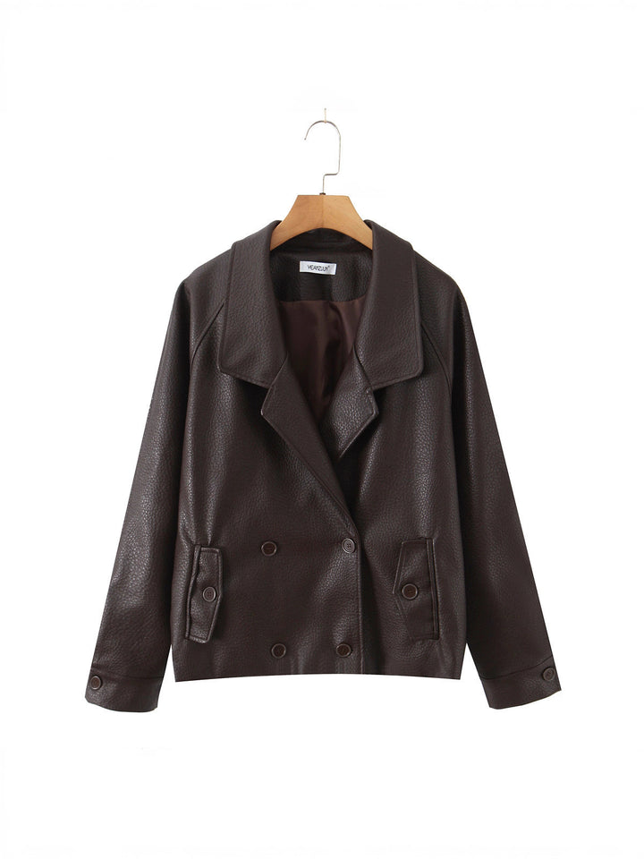 Damen modische Kunstlederjacke mit doppelter Knopfleiste und großem Revers Drune