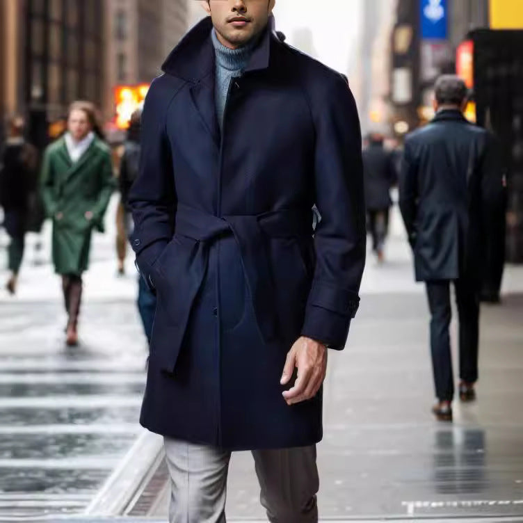 Herren modischer Wolltrenchcoat mit Bindegürtel und großen Taschen Drune