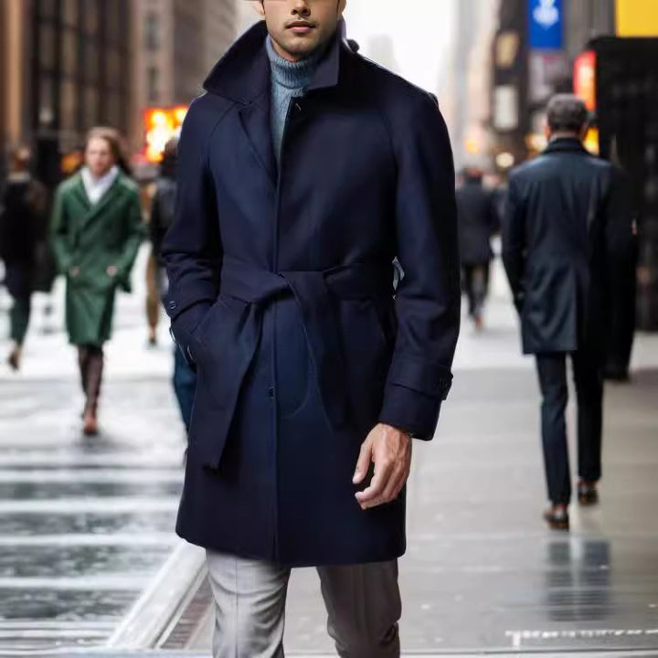 Herren modischer Wolltrenchcoat mit Bindegürtel und großen Taschen Drune