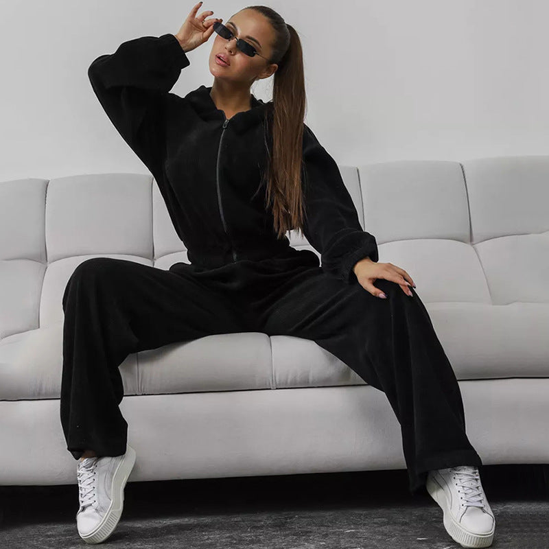 Damen Fleece Sportanzug mit Kapuze und weitem Schnitt Drune