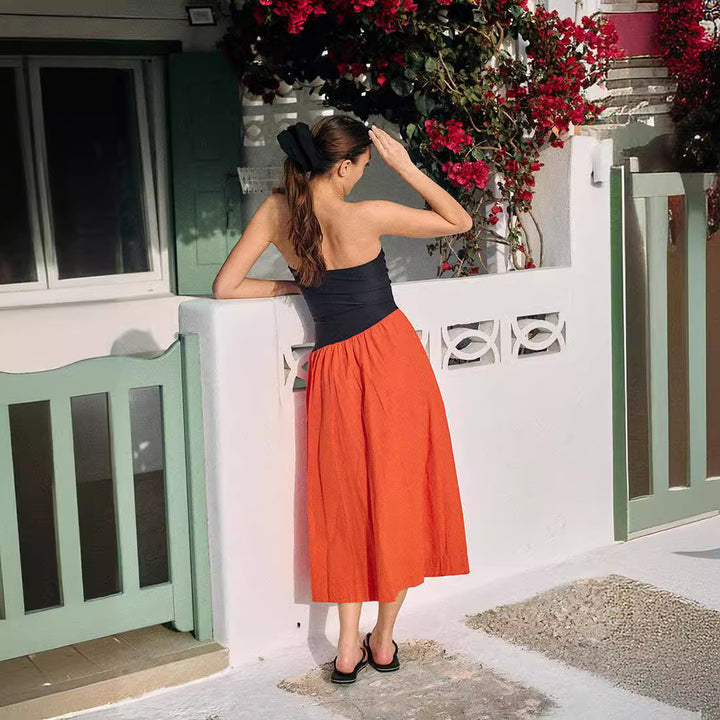 Damen ärmelloses Maxi-Kleid mit hochwertigem Oberteil und voluminösem Rock Drune