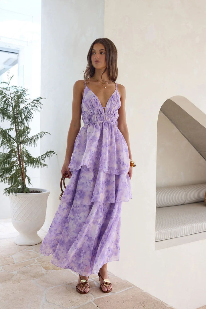 Damen Maxikleid mit voluminösen Rüschenschichten und V-Ausschnitt Drune