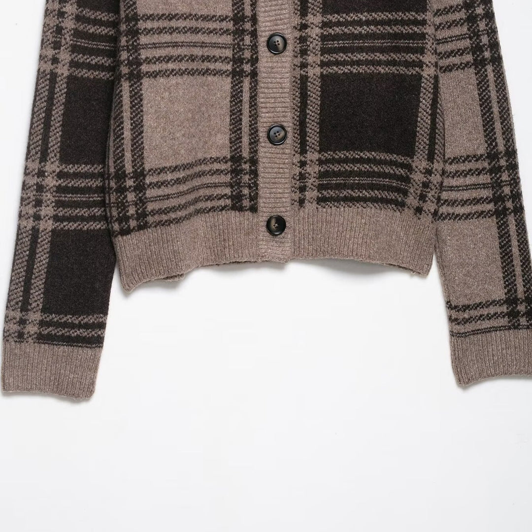 Damen lässige Karostrickjacke mit Knopfverschluss Drune
