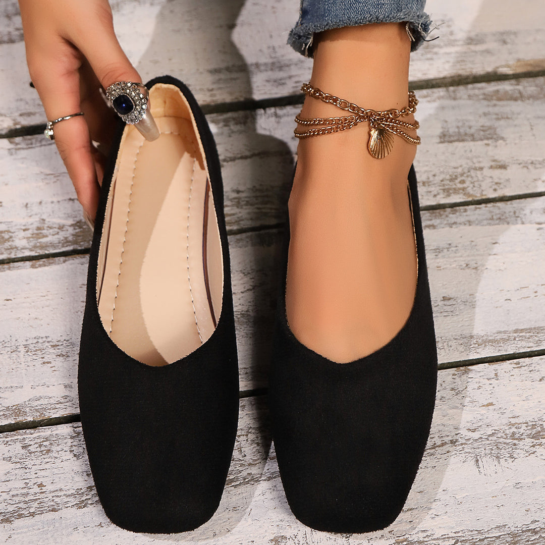 Damen nan elegante flache Schlupfballerina mit quadratischer Zehenpartie gepolstertem Komfortfußbett und Veloursoptik Drune