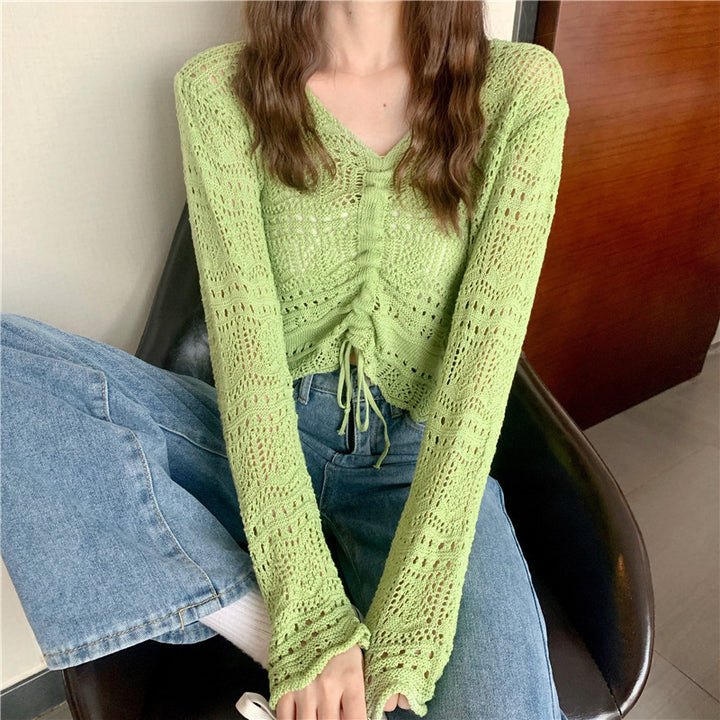 Damen luftiger Strickpullover mit Drop-Shoulder-Design und Kordelzug Drune