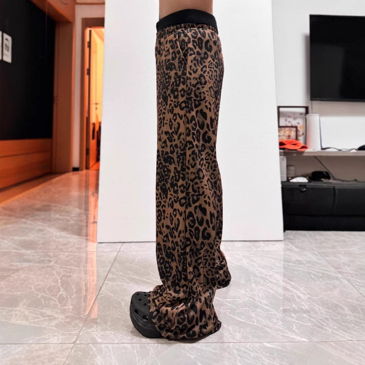 Damen lässige Palazzohose mit modischem Leopardenmuster und hohem Bund Drune