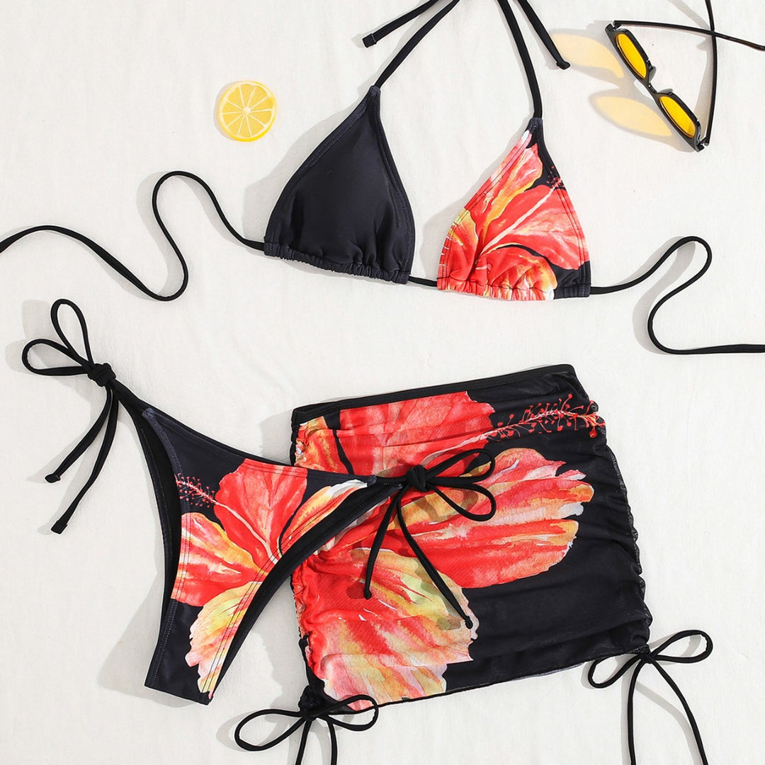 Damen Triangel-Bikini mit transparentem Rockelement und floralem Design Drune