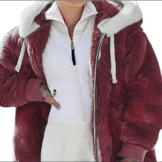 Damen Kuschelige Kunstpelzjacke mit Kapuze Drune
