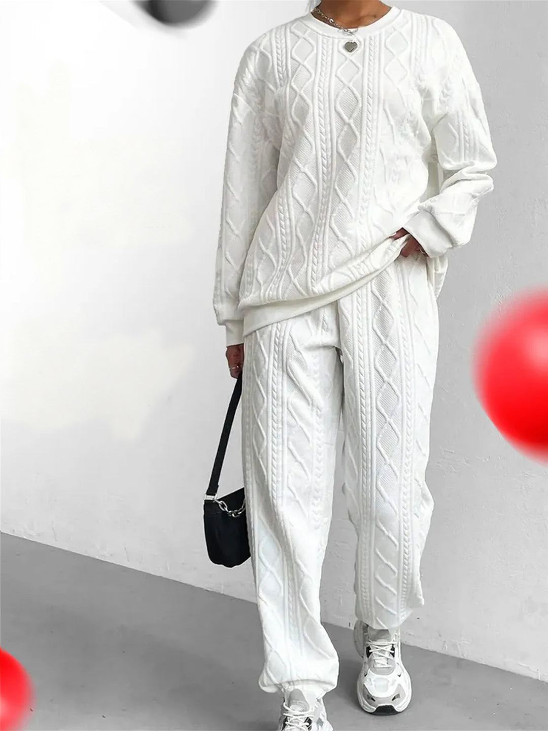 Damen Strick-Loungewear-Set mit elegantem Zopfmuster und weitem Schnitt Drune