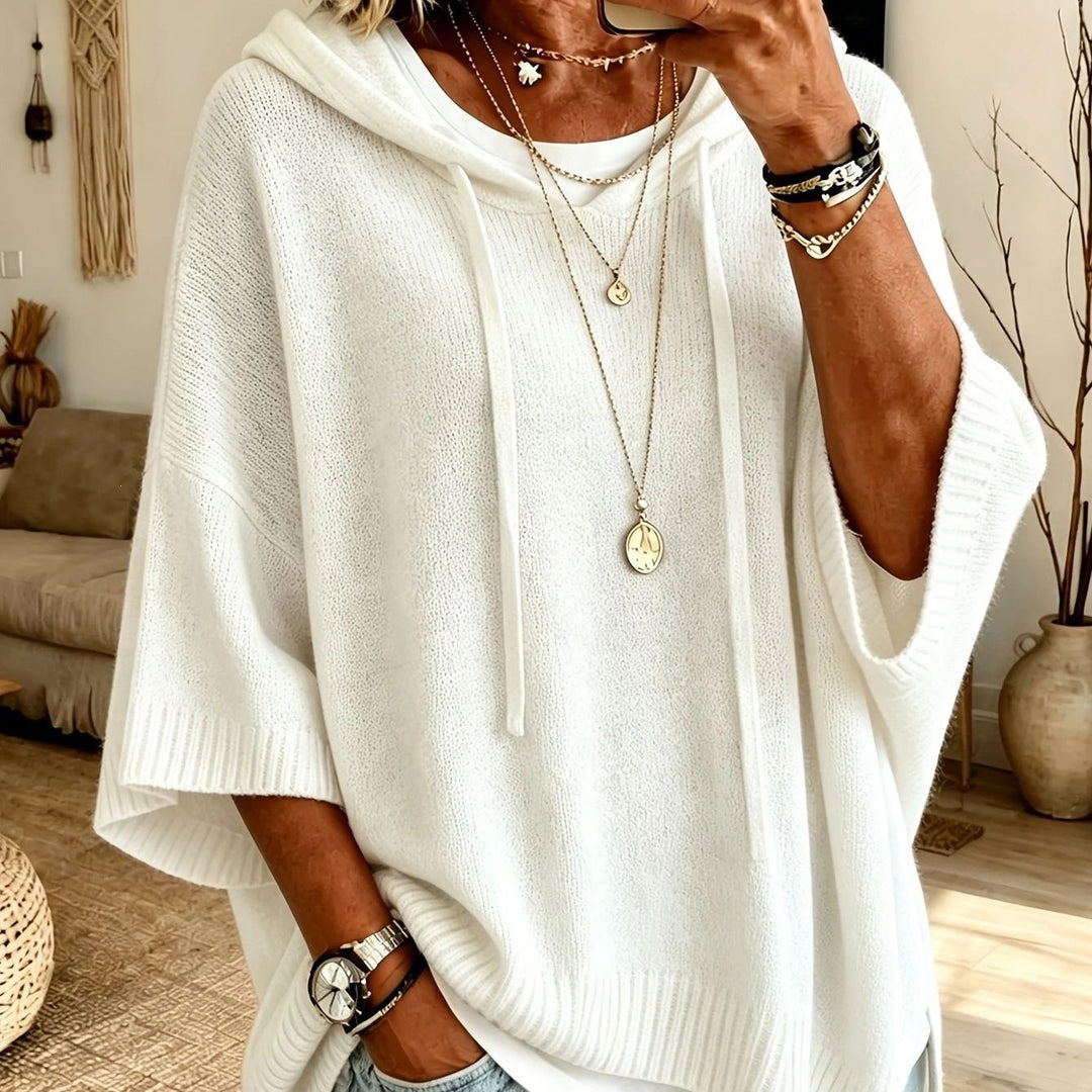 Damen nan Oversize Strickponcho mit Kapuze und kurzen Ärmeln Drune
