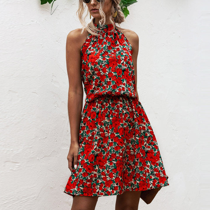 Damen Blumiges Sommerkleid mit hohem Kragen und elastischem Taillenbund Drune