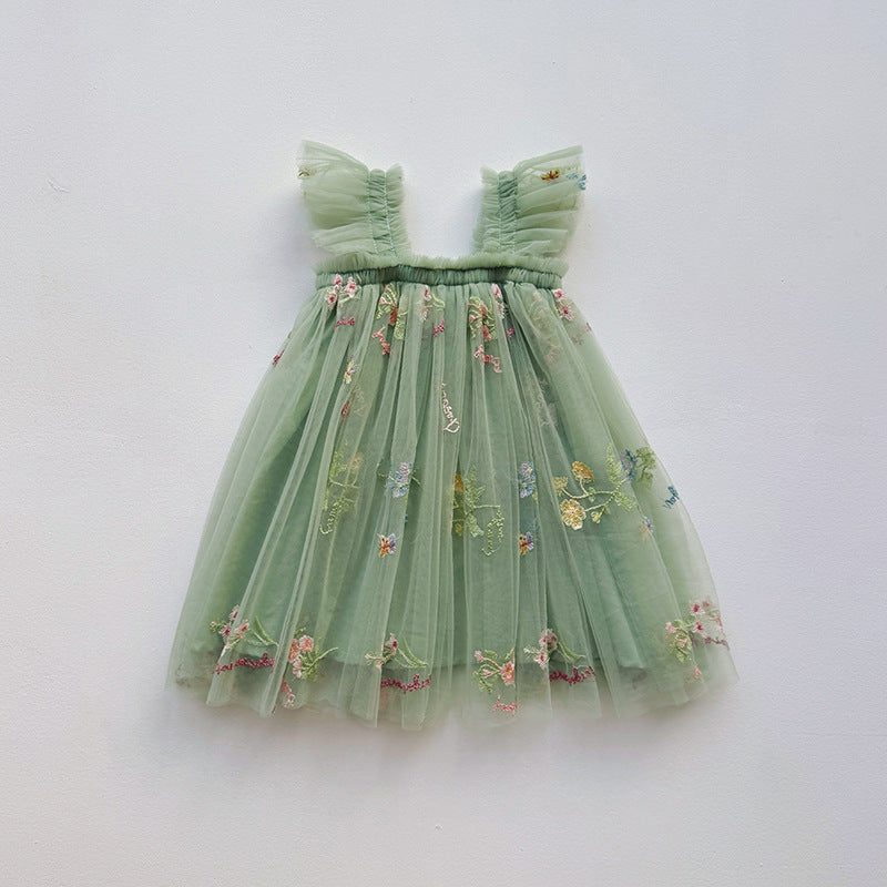 Mädchen Besticktes Tüll Partykleid mit Rüscheträgern Drune