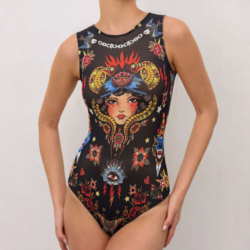 Damen Sportbadeanzug mit modernem Grafikdesign und hohem Neck Drune