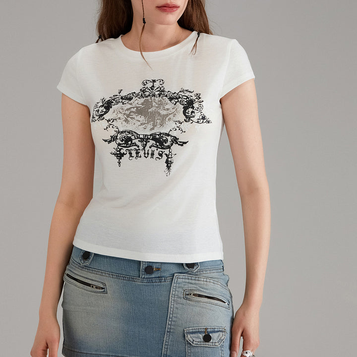 Damen lässiges Grafik-Crop-Top mit Rundhals-Ausschnitt Drune