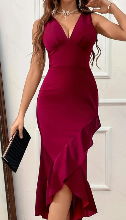 Damen Midikleid mit V-Ausschnitt und asymmetrischem Rüschensaum Drune