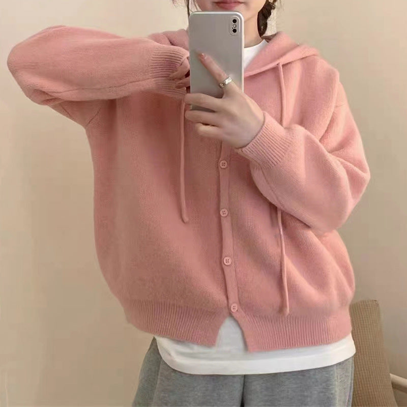 Damen kuschelige Strickjacke mit Kapuze und Knopfverschluss Drune