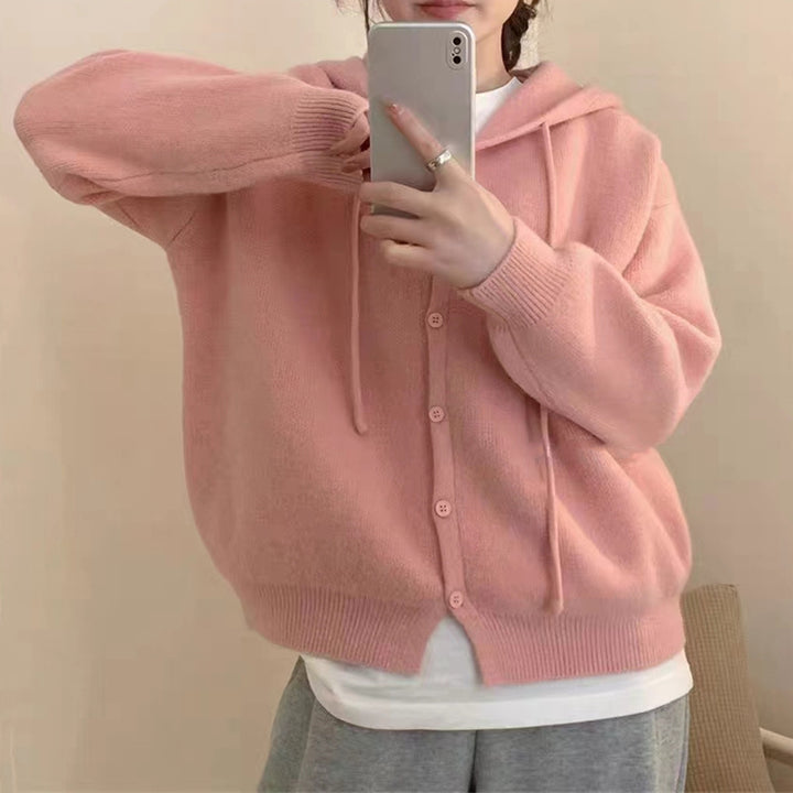 Damen kuschelige Strickjacke mit Kapuze und Knopfverschluss Drune