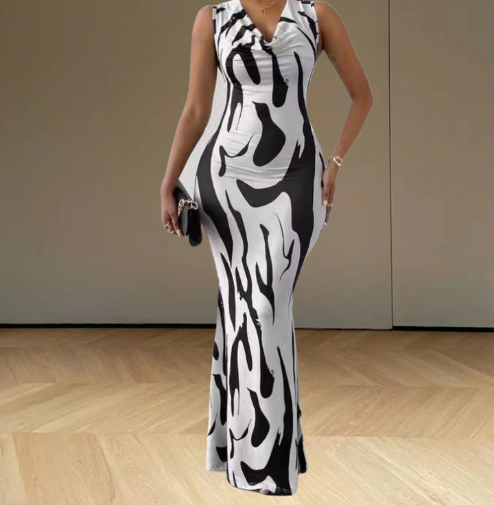Damen elegantes Maxikleid mit figurbetontem Schnitt und trendigem Muster Drune