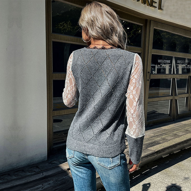 Damen Strickpullover mit Spitzeneinsätzen und modernem Rautenmuster Drune