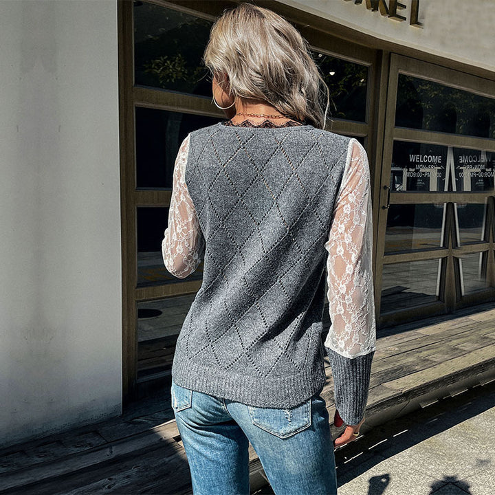 Damen Strickpullover mit Spitzeneinsätzen und modernem Rautenmuster Drune