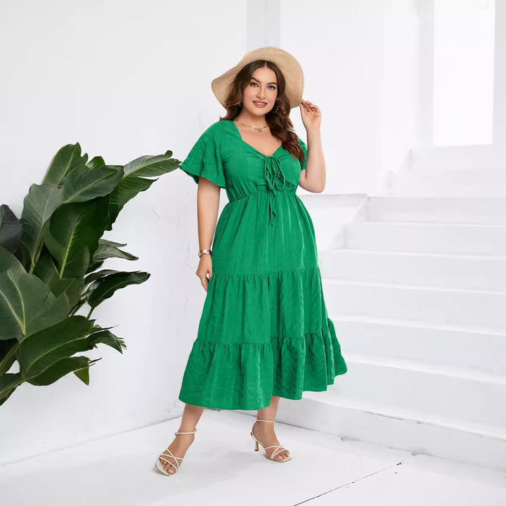 Damen Sommerliches Midikleid mit schmeichelndem Taillenzug und luftigen Ärmeln Drune