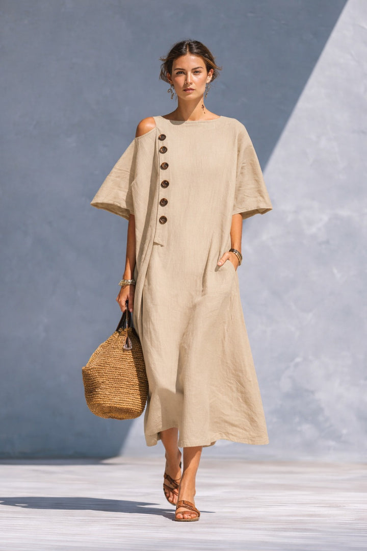 Damen Oversize-Langarmkleid mit asymmetrischem Ausschnitt und Knopfdetail Drune