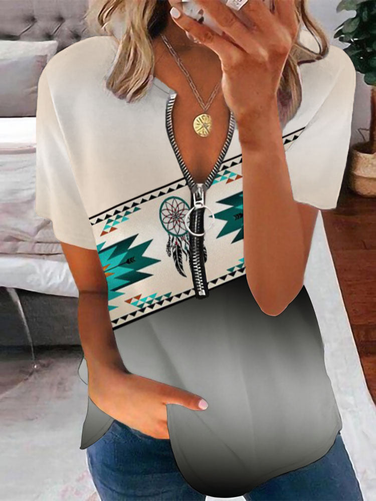 Damen T-Shirt mit Reißverschluss und Musterdetails Drune