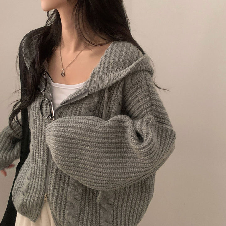 Damen Bequemer Strickjacke mit Kapuze und Reißverschluss Drune
