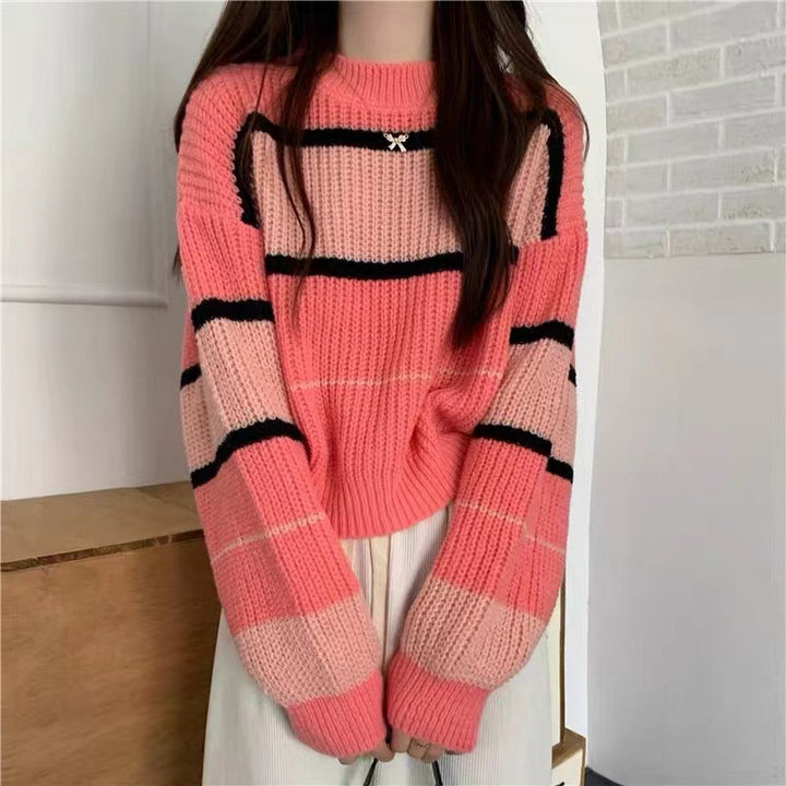 Damen Grober gestrickter Pullover mit bunten Streifen und lockerer Passform Drune