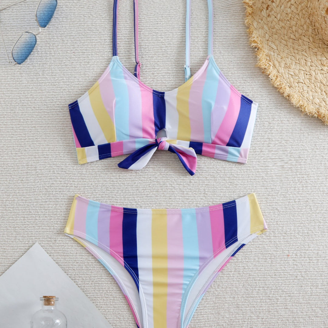 Damen Bikini-Set mit modischem Knoten und buntem Streifenmuster Drune