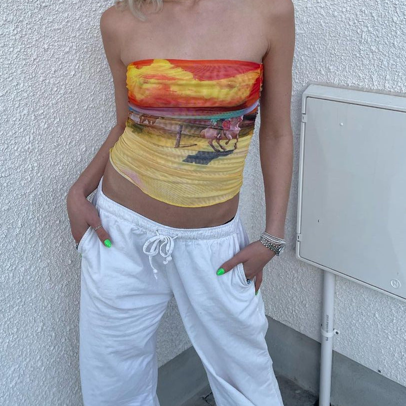 Damen Bandeau-Oberteil mit buntem, künstlerischem Druck und elastischem Material Drune