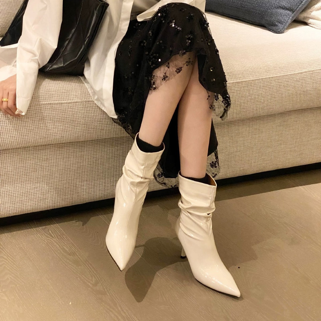 Damen elegante Stiefeletten mit spitzem Zehenbereich und schickem Falten-Design Drune