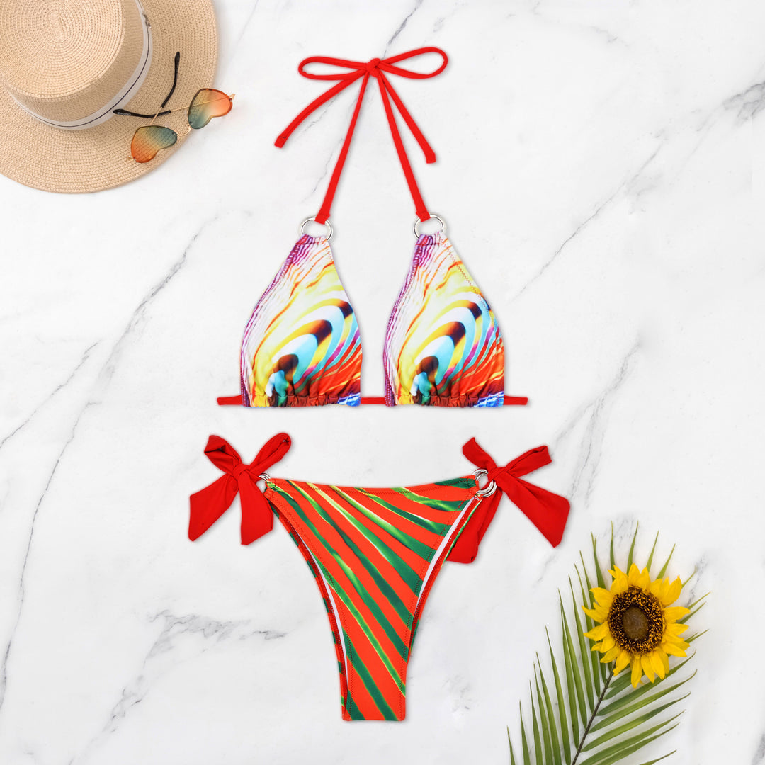 Damen Triangel-Bikini mit stylischen Schleifen und buntem Streifenmuster Drune