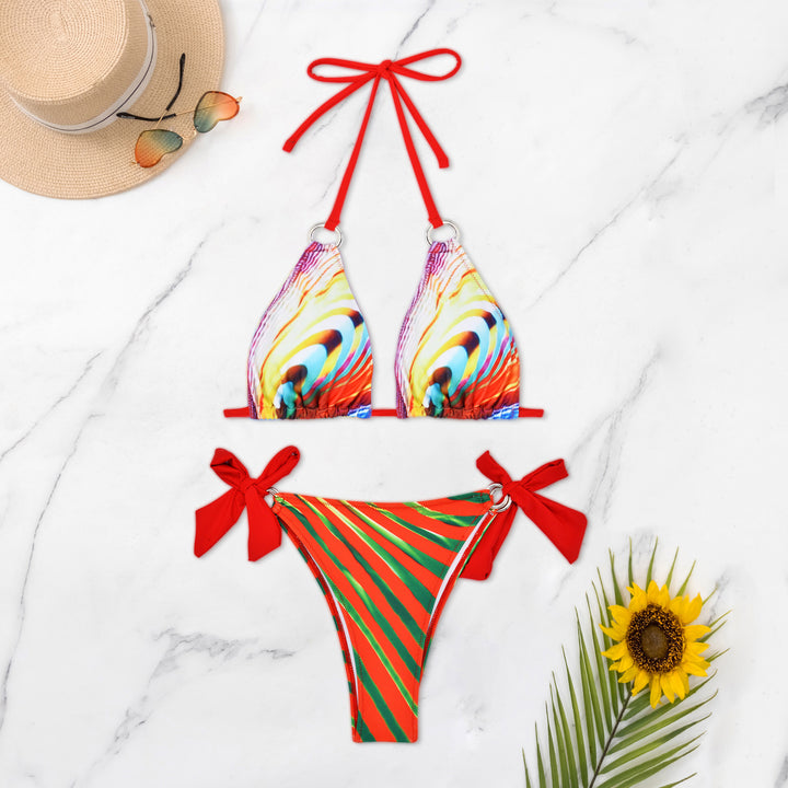 Damen Triangel-Bikini mit stylischen Schleifen und buntem Streifenmuster Drune
