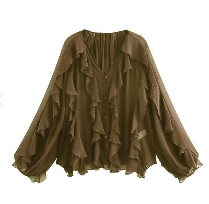 Damen Rüschenbluse mit weitem Schnitt und ballonartigen Ärmeln Drune