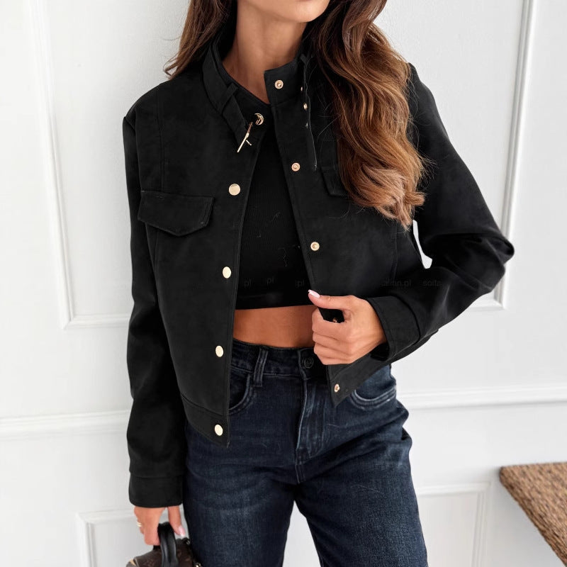 Damen elegante Jacke aus weichem Wildleder mit Knopfdetails Drune